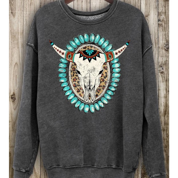 HRT and LUV boho cow skull sweatshirt, size small - Picture 1 of 7